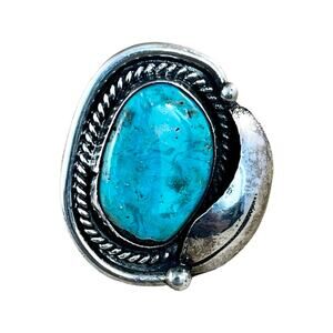 Vintage Blue Turquoise Leaf Sterling Silver Native American Navajo Ring Sz 4.5